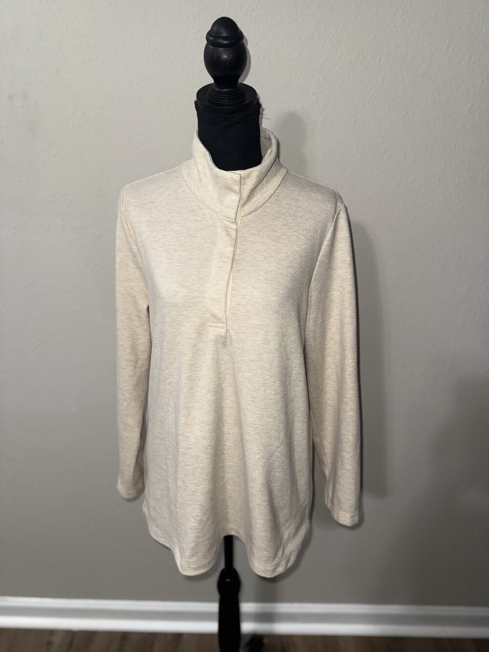 J McLaughlin Womens Medium M Beige Snap Neck Sweatshirt Fleece Tunic Preppy